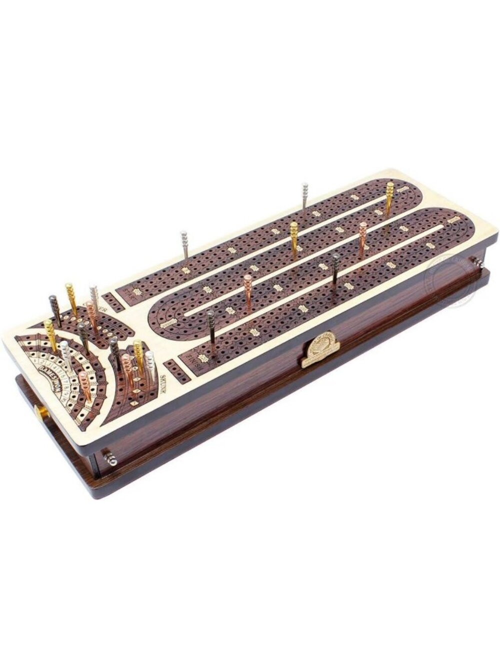 Continuous Cribbage Board with Drawers - Inlaid Maple/Rosewood, 4 Track, Score